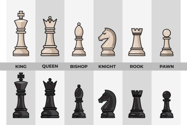 Detaylı satranç taşlarının tasviri, hem beyaz hem de siyah setlerin sergilenmesi, papaz, vezir, fil, at, kale ve piyon dahil. Eğitici, stratejik ve sanatsal sunumlar için mükemmel