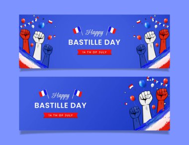 Fransa 'nın Bastille Günü' nü kutlayan, Fransız bayrağını, bayrağını gösteren ve birlik ve özgürlüğü simgeleyen yumrukları kaldıran bayrak sallayın.