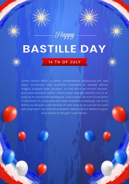 Bastille Günü 'nü kutlayan poster şenliği, canlı havai fişekler, kırmızı, mavi ve beyaz balonlar ve şenlikli metinler sergileniyor. Etkinlikler, selamlar ve ulusal tatiller için mükemmel..
