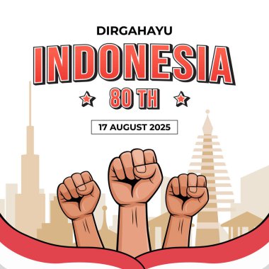 Endonezya 'nın bağımsızlığını kutlayan bir ilülasyon, yükseltilmiş yumruklar, kırmızı bir bayrak ve kültürel simgeler. Ağustos 'taki Bağımsızlık Günü' nü anmak için mükemmel..