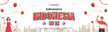 Endonezya 'nın Bağımsızlık Günü anısına canlı bir illüstrasyon, kırmızı beyaz vatansever temalı şehir manzarasına karşı neşeli vatandaşlar, balonlar ve ulusal madalyaların yer aldığı