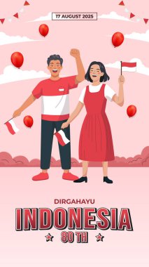 Endonezya 'nın Bağımsızlık Günü' nü bayrak sallayarak, mutlu bireylerle ve şenlikli balonlarla kutluyoruz. Neşeli kırmızı ve beyaz tema bu özel günde milli gurur ve birliği temsil ediyor..