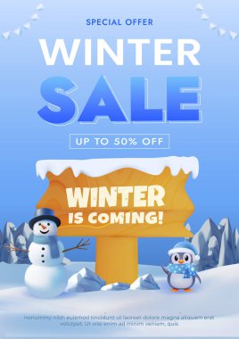 Neşeli bir kardan adam, sevimli bir penguen ve kış manzaralarının yer aldığı, mevsimsel şenlik ve özel teklifler sunan bir kış satışı ilanının afişi..
