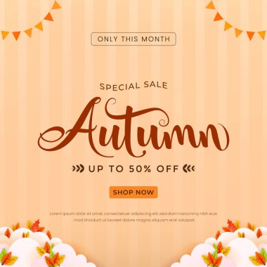 Sonbahar satışı için renkli bir promosyon tasarımı. Sıcak tonlar, mevsimlik elementler ve sonbahar alışverişi için indirim olanakları. Mevsimlik anlaşmaları vurgulayan işletmeler için ideal.
