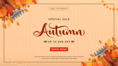 Renkli yapraklar ve balkabakları da dahil olmak üzere sonbahar temalı unsurları içeren promosyon tasarımı indirimli sezonluk satışları teşvik ediyor. Pazarlama kampanyaları ve mevsimlik reklamlar için mükemmel..