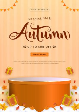 Poster Mevsimlik tanıtım grafikleri sonbahar satışlarını festival dekorasyonları ve sıcak renklerle sergiliyor. Hediye kutuları, sonbahar yaprakları ve bir podyum tasarımı içerir.