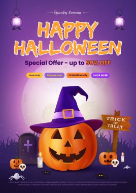Poster Parıltısı ve Cadılar Bayramı tanıtımı. Cadı şapkalı bir fener, dekoratif unsurlar ve indirimli bir teklif. Ürkütücü sezonu tema tabanlı görsellerle kutlamak için mükemmel.