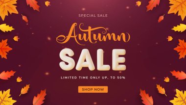 Canlı dökülen yapraklar ve kalın metin reklamları içeren sonbahar temalı indirimli bayrak. Sezonluk pazarlama promosyonları ve çekici reklamlar için mükemmel bir tasarım.