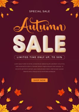 Canlı dökülen yapraklar, kalın tipografi ve sıcak arkaplan içeren poster stili sonbahar indirimi afişi