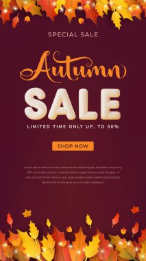 Vertical Vibrant sonbahar temalı satış promosyonu, sınırlı zaman indirimlerini vurgulayarak, sıcak bir arka planda renkli yapraklar içeriyor. Mevsimlik perakende veya etkinlik pazarlama malzemeleri için mükemmel.