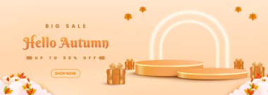 İndirim ayrıntıları, hediye kutuları ve yapraklar ve ılık tonlar gibi mevsimsel dekoratif unsurların yer aldığı canlı bir sonbahar temalı reklam afişi, perakende indirimleri ve sonbahar kutlamaları için teklifleri vurguluyor..