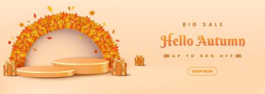 Renkli yapraklar, dekore edilmiş kemerler, hediye kutuları ve tanıtım metinleri gibi sonbahar temalı ürünler sergileniyor. Perakende promosyonlar, mevsimlik kampanyalar ve sonbahar sezonunda indirimler için ideal..