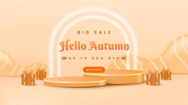 Sonbahar temalı şık bir tanıtım afişi. Özel indirimler ve kutlamalar için tasarlanmış hediye kutuları ve modern tasarım ile özel satışlar ve şenlik atmosferini ön plana çıkarıyor.