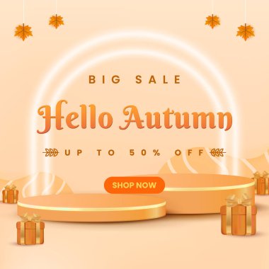Zarif sonbahar temalı satış promosyonu, sıcak tonlarda, altın dekorasyonlarda, düşen yapraklarda ve mevsimlik cazibede sergileniyor. İndirim ve mevsimlik kampanyaların geliştirilmesi ile özel teklifler için ideal.