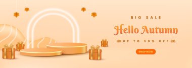 Metin, dekoratif hediyeler, düşen yapraklar ve canlı mevsimsel tonlarla sonbahar indirimi içeren tanıtım illüstrasyonları. Ecommerce, mevsimsel promosyonlar ve dijital pazarlama kampanyaları için ideal.