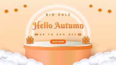 Sonbahar temalı, turuncu tonlar ve düşen yapraklar ve hediye kutularıyla süslenmiş bir ürün sahnesinin yer aldığı büyük satış afişinin resmedilmiş hali. Mevsimlik indirimleri teşvik eder