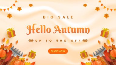 Parlak ve şenlikli sonbahar temalı satış afişi renkli yapraklar, balkabakları, hediyeler ve promosyon indirimli metinleri içerir. Reklamlar, pazarlama kampanyaları ve sonbahar sezonu boyunca sezonluk satış promosyonları için mükemmel..