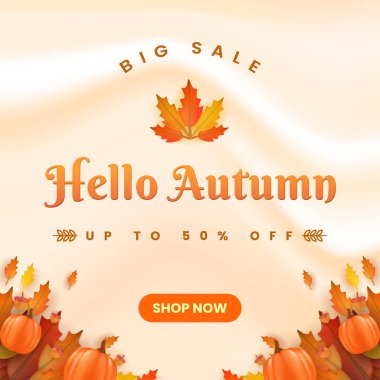 Canlı balkabakları, renkli yapraklar ve zarif bir tanıtım afişi içeren sonbahar indirimi tasarımı..