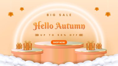 Podyum Şık sonbahar temalı reklam pankartıyla büyük bir satış promosyonu sergileniyor. İçinde hediye kutuları ve dekoratif detaylar var. Mevsimlik pazarlama kampanyaları ve indirimli festival duyuruları için mükemmel..