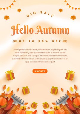 Renkli dekorasyonlar, sonbahar yaprakları, balkabakları, hediye kutuları ve kalın satış metinlerinin yer aldığı Parlak Sonbahar tanıtım temalı poster reklamı. Mevsimle ilgili reklamlar, indirimli promosyonlar veya sonbaharı kutlayan mağazalar için mükemmel..