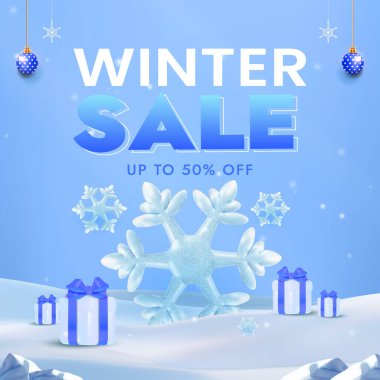 Kış promosyon tasarımı büyük bir kar tanesi, dekoratif hediye kutuları ve indirimli sezonluk satış duyurusu yapan neşeli mavi bir arka plan içeriyor. Neşeli neşe ve bayram heyecanını yakalar.