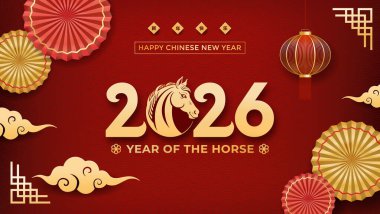 Canlı kırmızı ve altın rengi Çin Yeni Yılı sanat eserleri. At Yılı, dekoratif fenerler, bulutlar ve geleneksel desenler. Kutlama, şans, aile sevinci ve şenlikli refahı çağrıştırıyor..