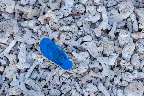 蓝色塑料童鞋被冲刷在死珊瑚礁的背景上 垃圾塑料外溢被留在海滩上 成为废物污染的自然 塑料是很难降解的 — 图库照片
