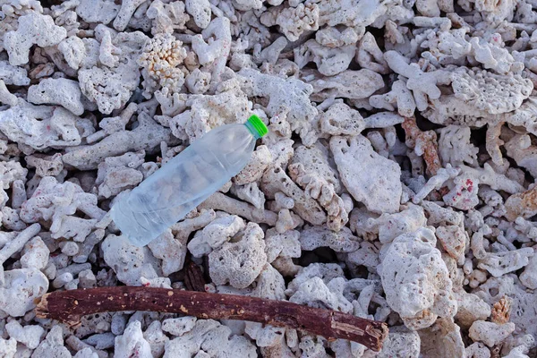 死了的珊瑚礁上的塑料瓶 垃圾塑料外溢被留在海滩上 成为废物污染的自然 塑料难以降解 破坏了生态系统 破坏了世界环境日的概念 — 图库照片
