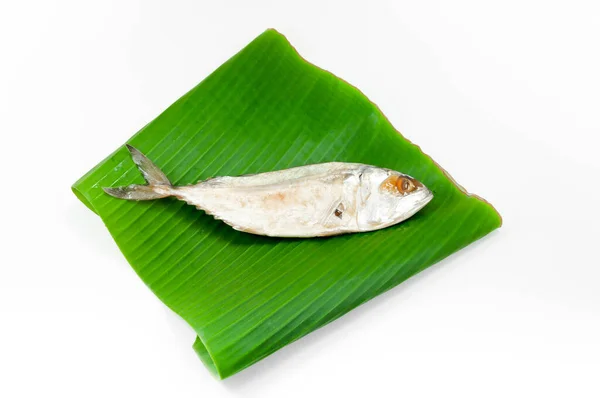 新鮮なマッケルまたはマグロは白い背景の海からのバナナの緑の葉で魚を蒸した — ストック写真