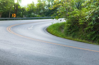 İki tarafında ağaçlar olan kırsal yol, dağın kıvrımlı yolu.