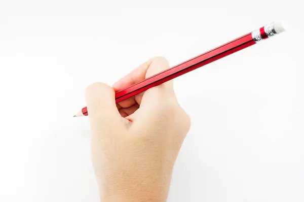 Mão Mulher Segurando Com Lápis Vermelho Fundo Branco — Fotografia de Stock