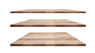 Kahverengi ahşap rafların koleksiyonu beyaz arkaplanda izole edilmiş ve tasarım için kesilmiş yolları olan nesneler.