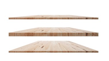 Kahverengi ahşap rafların koleksiyonu beyaz arkaplanda izole edilmiş ve tasarım için kesilmiş yolları olan nesneler.