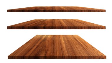 Kahverengi ahşap rafların koleksiyonu beyaz arkaplanda izole edilmiş ve tasarım için kesilmiş yolları olan nesneler.