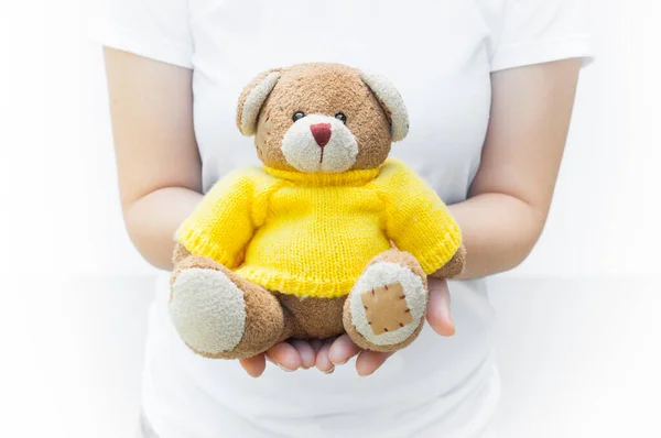 Woman Holding Protecting Give Brown Teddy Bear Toy Wear Yellow — Stock Photo, Image
