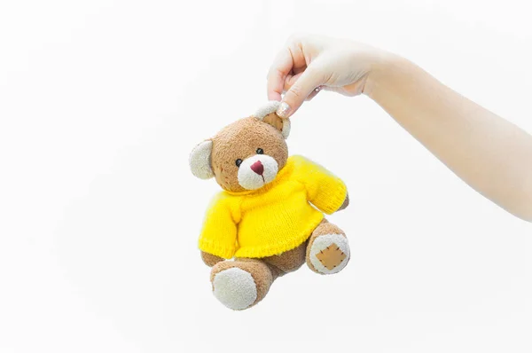 Vrouw Met Oor Bruine Teddybeer Speelgoed Dragen Gele Shirts Witte — Stockfoto
