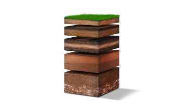 Isometric Toprak Katmanları diyagramı, altındaki yeşil çimenler ve toprak katmanlarının kesitleri, organik, mineraller, kum, kil, beyaz üzerine izole edilmiş Isometric toprak katmanları.