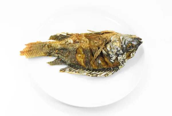 Smażona Ryba Tilapia Białym Talerzu Białym Tle Tajski Styl Jedzenia — Zdjęcie stockowe