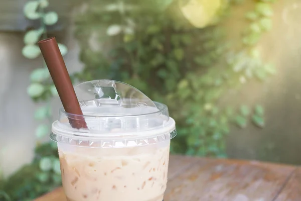 Eiskaffee Mit Plastikglas Zum Mitnehmen Garten — Stockfoto