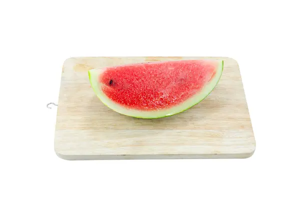 Snijd Watermeloen Rood Houten Plaat Geïsoleerd Witte Achtergrond — Stockfoto