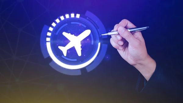 Businessman hand touching an plane airplane icon. Travel icons about travel planning, transportation, flight and passport. Flight ticket booking concept.