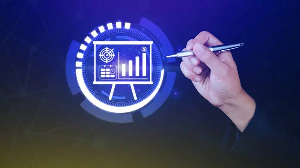 Businessman touching business growth icon on graph Hands touching graphs representing increasing profits with virtual interface technology, financial symbols coming.