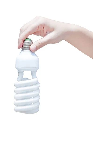 Conceito Poupança Energia Mulher Mão Segurando Lâmpada Fundo Branco — Fotografia de Stock