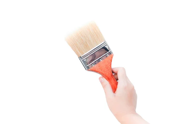Frauenhand Mit Pinsel Mit Holzgriff Auf Weißem Hintergrund — Stockfoto
