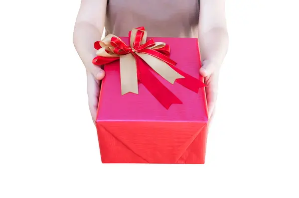 Woman Hands Holding Christmas Holiday Gift Red Box Decorated Festive — Stock Photo, Image