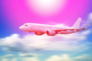 Gökyüzünde uçak, bulutların üzerinde uçan yolcu uçağı, hızlı seyahat, tatil ve iş konsepti.