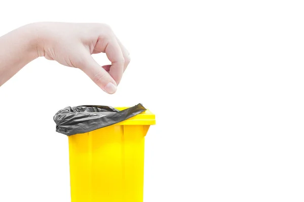 Hand Women Pick Catch Yellow Garbage Bins Isolated White — Stock Photo, Image