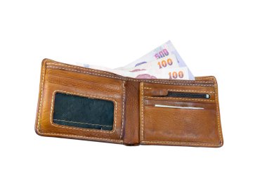 Beyaz arka planda kahverengi para & cüzdanı, Tayland banknotları