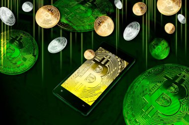 Ekranda Bitcoin sembollü akıllı telefon yeşil zemin üzerinde altın ve gümüş Bitcoin yığınları arasında