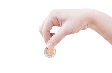 Kadın eli beyaz arka plana izole edilmiş bir madeni para koyar, Bağış Yatırım Fonu Finansal Destek Bağış Bölümü Piyasa Büyümesi Ev Verme Planlı Muhasebe Koleksiyonu Borç Borcu ROI